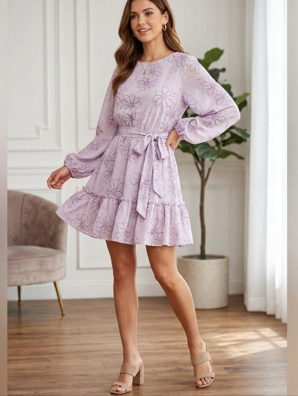 Flying Tomato Lavender Floral Long Sleeve Mini Dress Ruffle Tie Waist